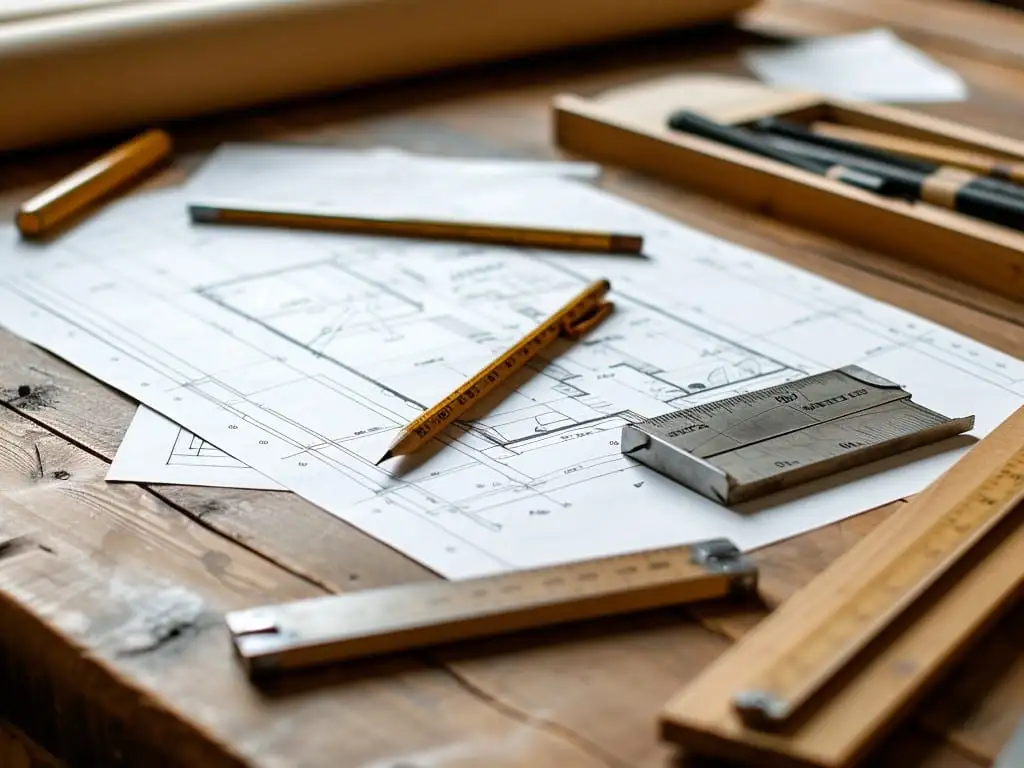 Un plan d’exécution déplié sur un établi en bois, avec un crayon de charpentier, un mètre pliant et un réglet métallique posés dessus.